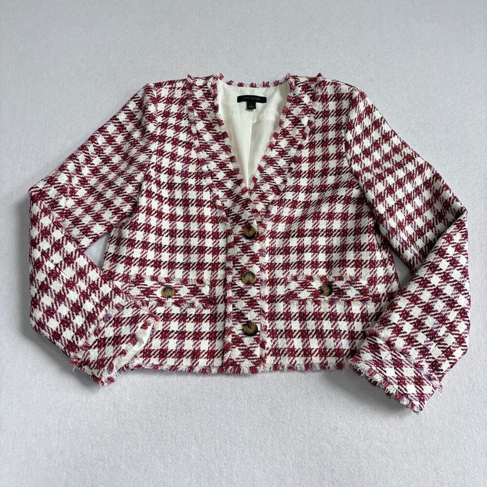 Ann Taylor Check Plaid Tweed Blazer Women's 6 White Burgundy Old Money Preppy